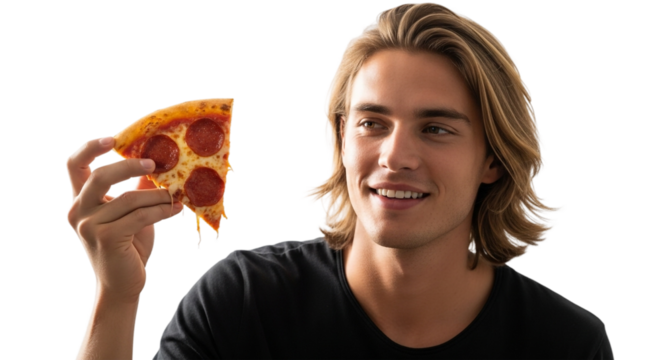 Smiling young man with long blond hair holding a slice of pepperoni pizza isolated on transparent background