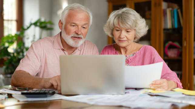 Senior couple managing finances together using laptop at home