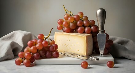 Elegant Cheese and Grapes Still Life for Culinary and Gourmet Themes High Quality Image