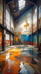 Fototapeta premium Vibrant Abstract Art in a Spacious Industrial Building Interior