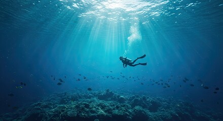 Fototapeta premium Ocean Diver Silhouette Sunbeams Illuminate Underwater Scene