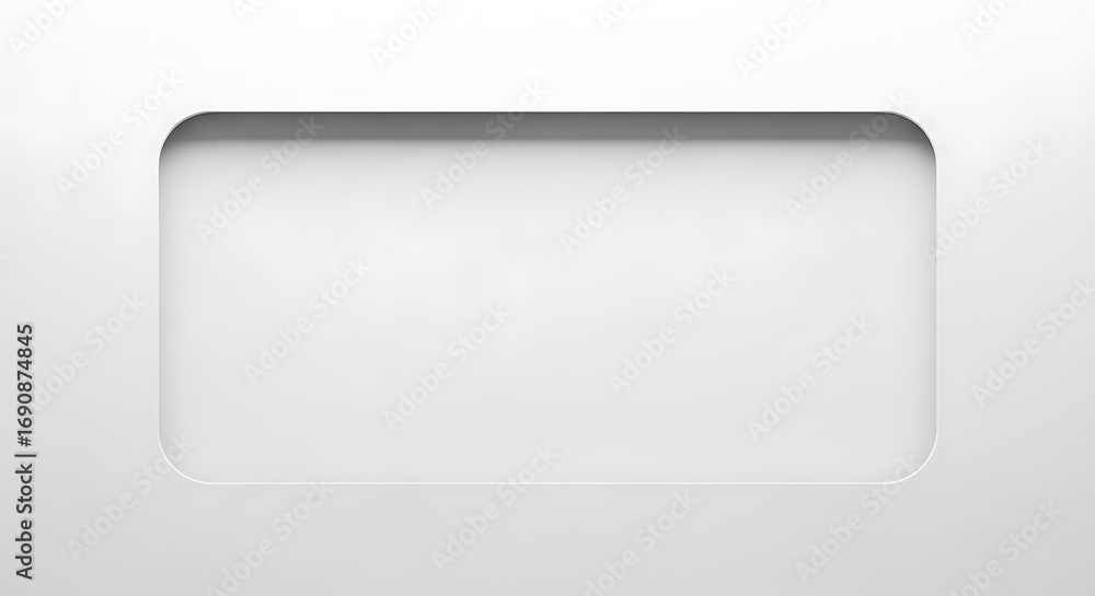 Poster minimalist white background with rounded rectangular cutout and subtle shadows
