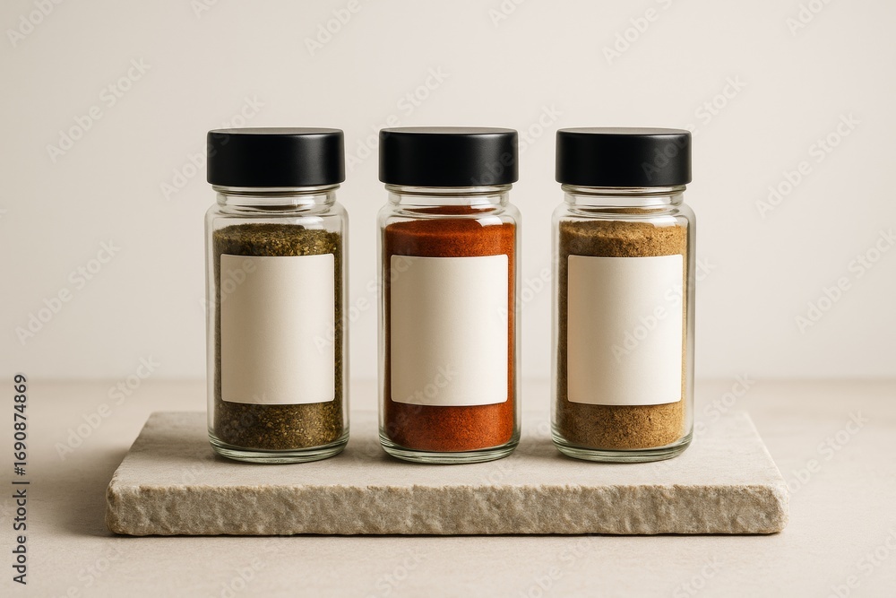 Poster three blank spice jar mockups with black lids on stone slab for branding and label design, minimal l