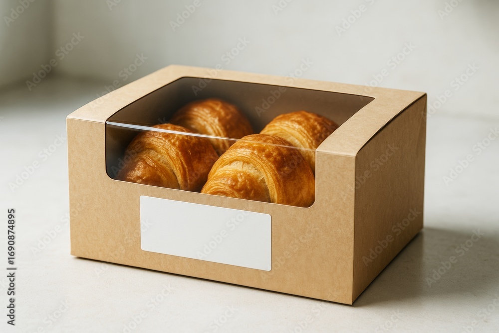 Poster blank cardboard pastry box mockup with croissants inside and empty label on light background for bra