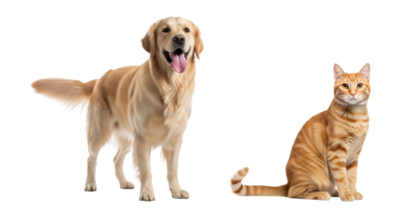 Golden retriever standing next to an orange tabby cat isolated on transparent background, looking at the camera
