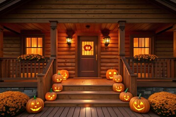 Obraz premium Cozy Log Cabin Porch Decorated for Halloween with Jack-o- Lanterns and Autumn Flowers jack-o-lantern