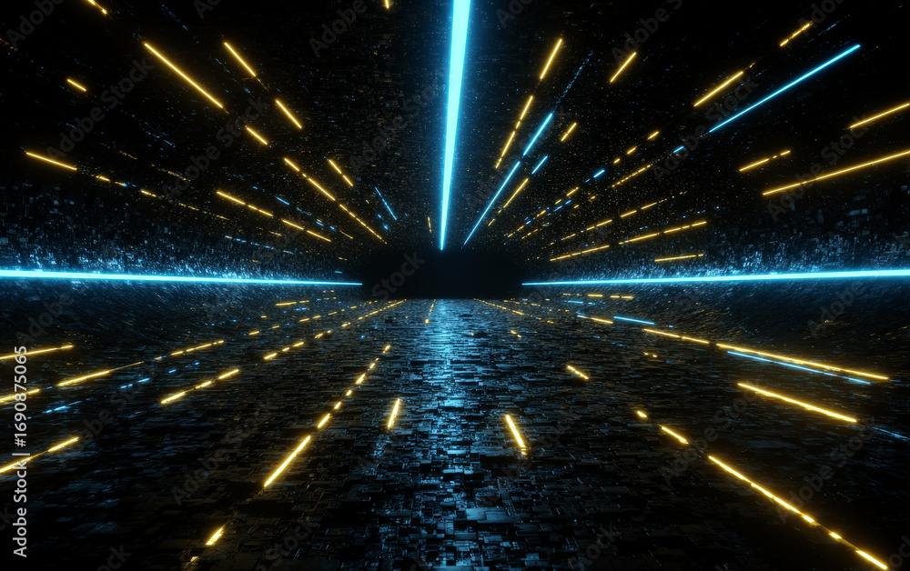 Poster futuristic tunnel with glowing neon lights and abstract patterns