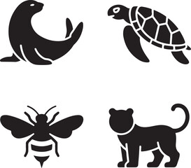 Four black animal icons seal turtle bee tiger diverse fauna representation illustration isolated on white