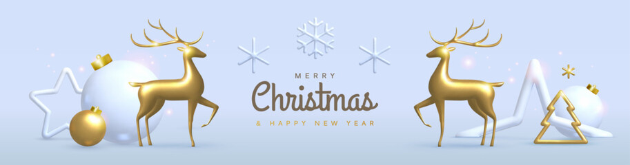 Christmas holiday white background with 3D plastic and metallic baubles, deer figurines and toys. Christmas greeting card, poster, banner. Vector illustration