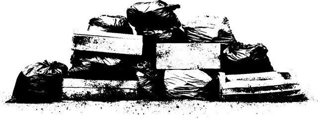 Obraz premium Grungy black and white illustration of pile of garbage bags and boxes for urban art design