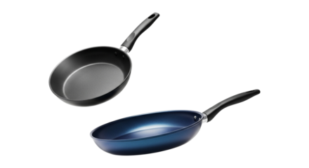 Two frying pans isolated on transparent background, one black and one blue, ready for cooking delicious meals at home