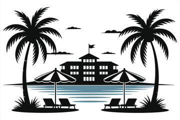 Obraz premium Elegant Tropical Beach Resort Hotel Facade with Palm Trees, Sun Umbrellas and Lounge Sunbeds on Seaside Coast – Luxury Summer Vacation Vector Illustration Icon for Travel, Tourism, Holiday Design 