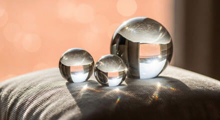 Obraz premium Three Crystal Balls on Soft Cushion with Warm Peach Bokeh Background