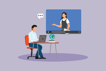 Online webinar by female resource person. Study online Concept. Colored flat vector illustration isolated
