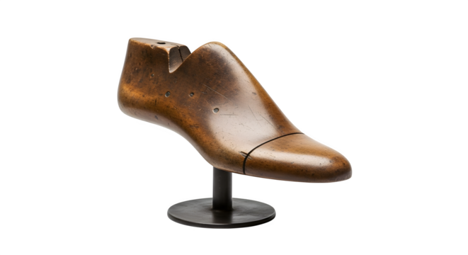 Vintage wooden shoe form isolated on transparent background, a nostalgic reminder of traditional shoemaking and craftsmanship, showcasing the artistry of footwear design
