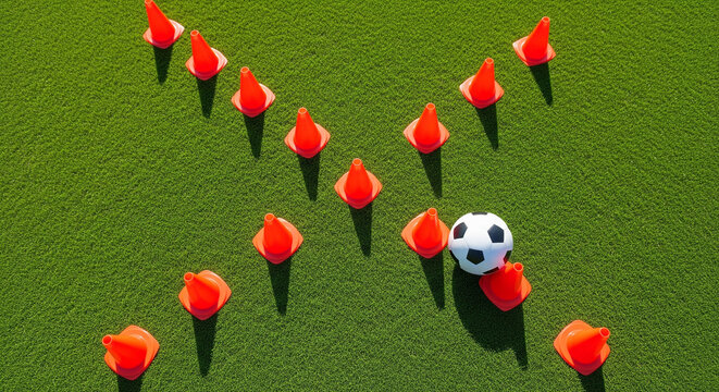 Soccer Dribbling Cones and Ball on Artificial Grass
- Powered by Adobe
