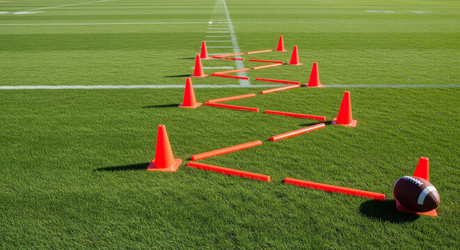 American Football Training Setup with Cones and Ladder
