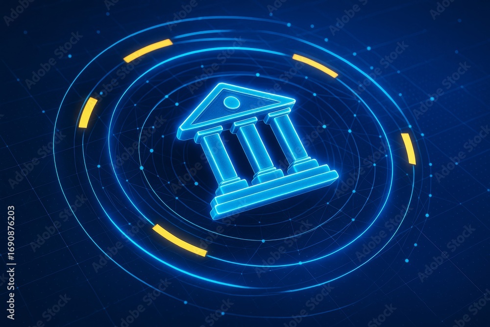 Poster glowing digital courthouse icon with circular hud elements on dark tech background, symbolizing digi