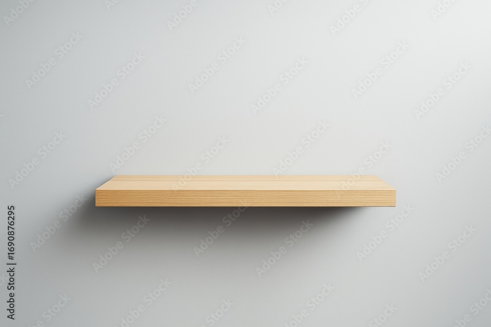 Poster minimal wooden shelf hanging on clean white wall with soft light shadow creating modern background f