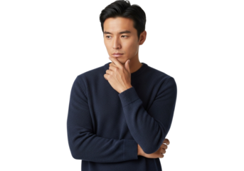 Thoughtful asian man in navy sweater isolated on transparent background looking away from camera with hand on chin