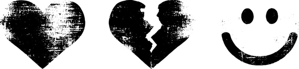 Obraz premium Grunge black and white pixel art set with heart broken heart and smile