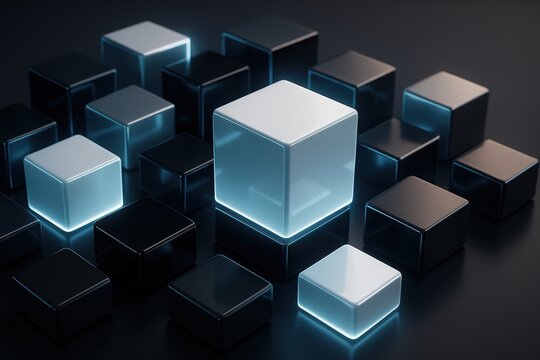 Illuminated Cube: A collection of meticulously crafted, dark-themed metallic cubes, with one uniquely lit cube at the center, symbolizes innovation. the light reflects off of the metallic, modern.