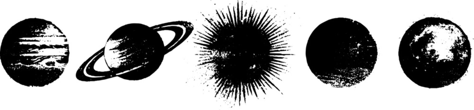 Grunge black and white planet illustration set for design and art projects