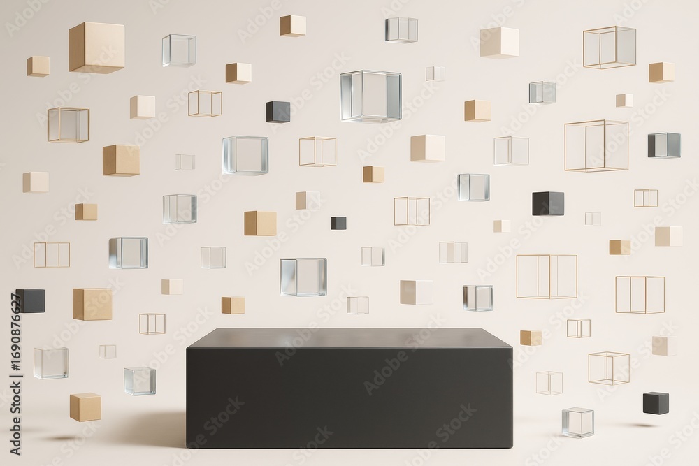 Poster abstract geometric floating cubes composition with black rectangular podium on beige background for 