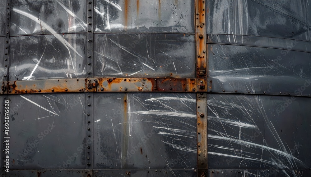 Poster Weathered Metal Surface with Scratches and Rust Patterns