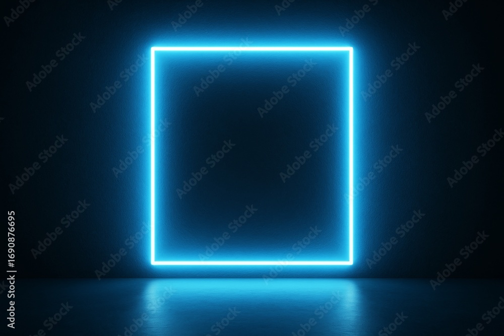 Poster glowing blue neon square frame on dark wall with empty copy space for modern design or poster mockup
