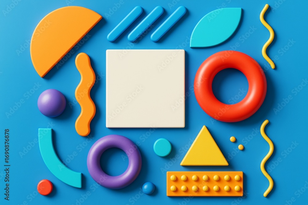 Poster colorful geometric shapes in playful abstract layout on blue background, featuring smooth 3d-like gr