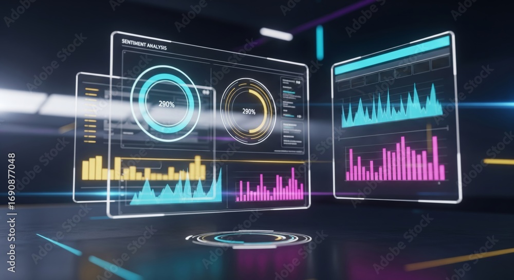 Poster futuristic sentiment analysis dashboard with holographic chart, ai data visualization, and digital a