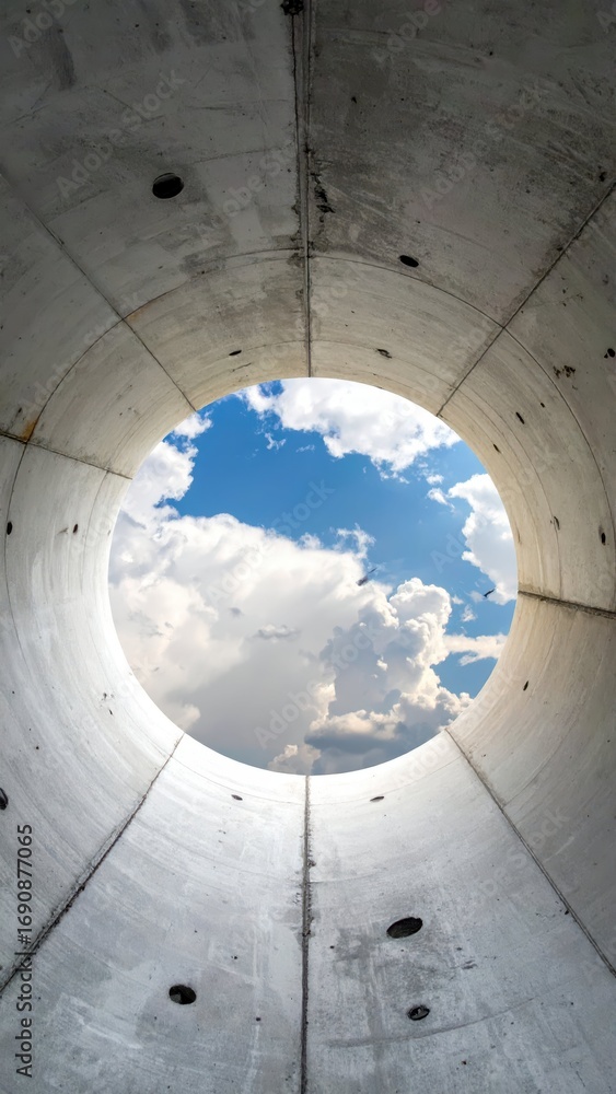 Poster circular concrete tunnel with sky and clouds in perspective view