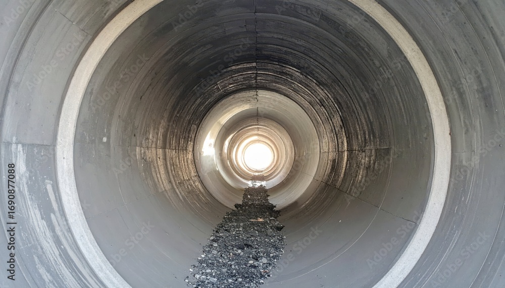 Poster perspective view into a long concrete pipe with natural light source