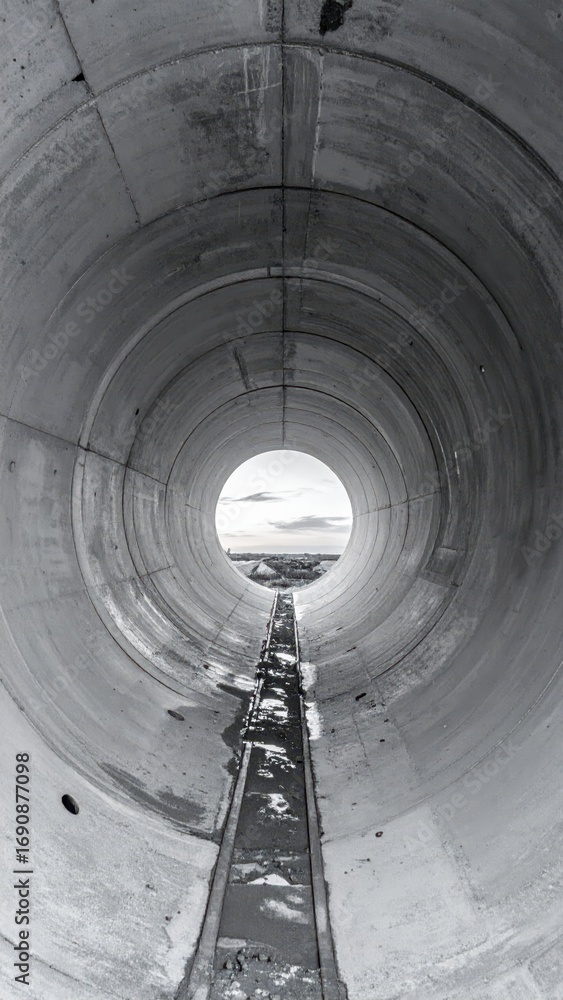 Poster view through a large concrete pipe with landscape in background
