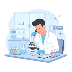 flat illustration of a cheerful male scientist in a lab coat, looking into a microscope