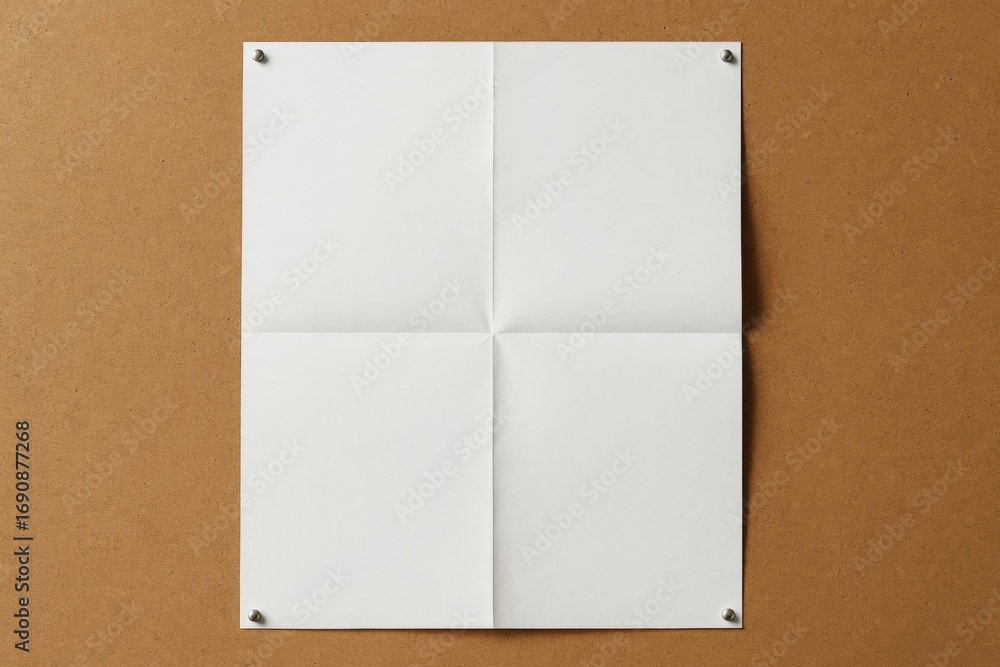 Poster blank white paper with fold marks pinned on cork board background, minimal light and shadow concept,
