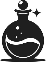 Black Silhouette of a Potion Bottle with Bubbles and Sparkles on White Background flask liquid