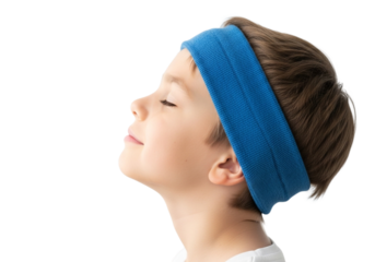 Young boy with a blue headband isolated on transparent background, eyes closed, breathing deeply and enjoying the moment