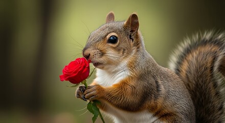 Obraz premium Squirrel Holding Red Rose in Natural Outdoor Setting with Soft Background