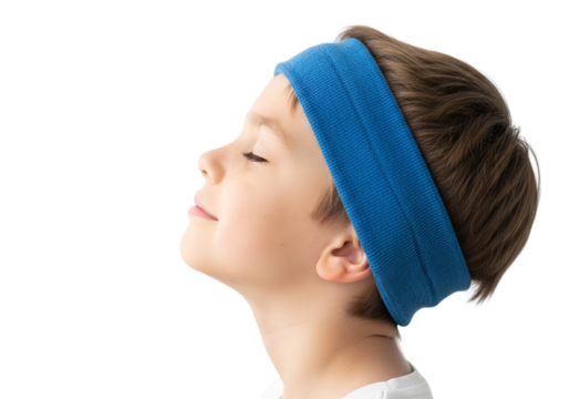 Young boy with a blue headband isolated on transparent background, eyes closed, breathing deeply and enjoying the moment - Powered by Adobe