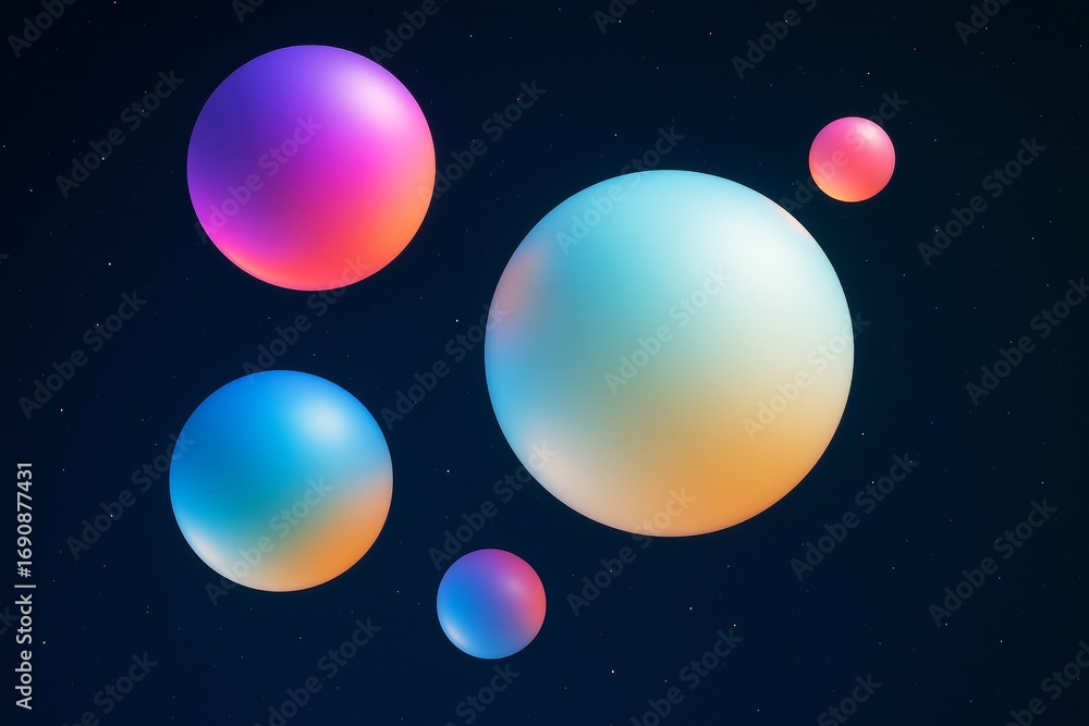 Poster abstract colorful spheres floating in dark starry background with soft light gradients creating a dr