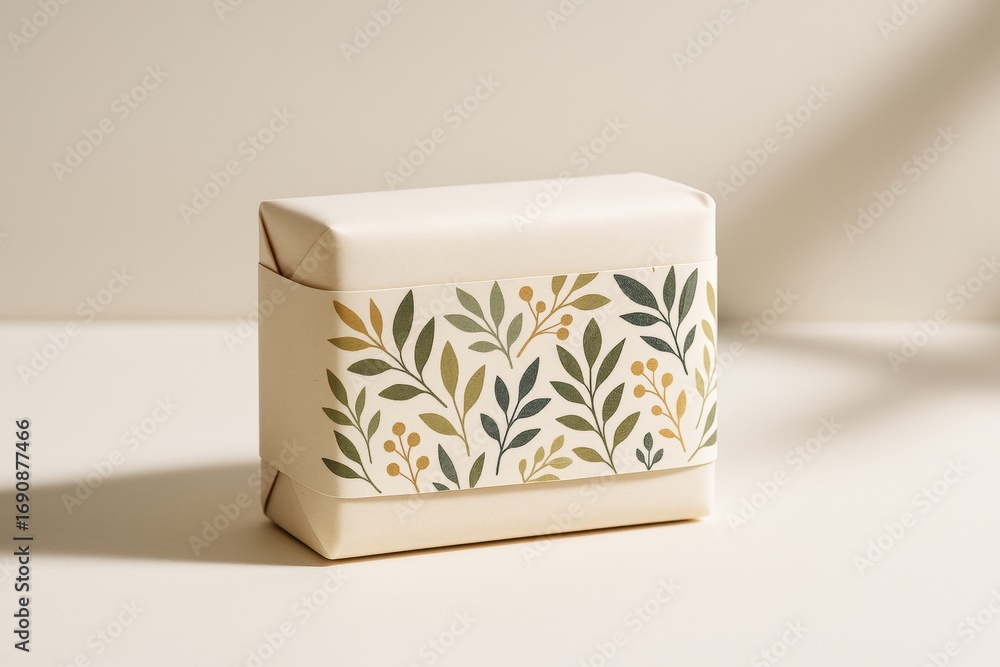 Poster minimalist gift box wrapped in beige paper with botanical leaf pattern, placed on soft light backgro