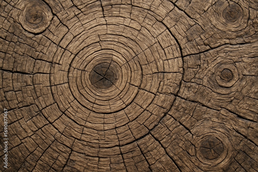 Aufkleber close-up of tree trunk cross-section with circular annual rings and deep cracks forming natural text