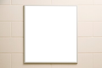 Fototapeta premium Vertical blank white poster mockup with frame on beige block wall background for clean branding or presentation display concept design layout. Ai generative