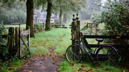 Fototapeta premium Misty rural lane with vintage bicycle