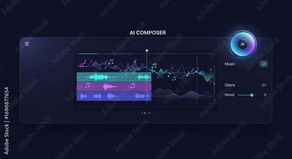 Poster futuristic ai music composer ui with sound wave visualization, digital control, interactive assistan