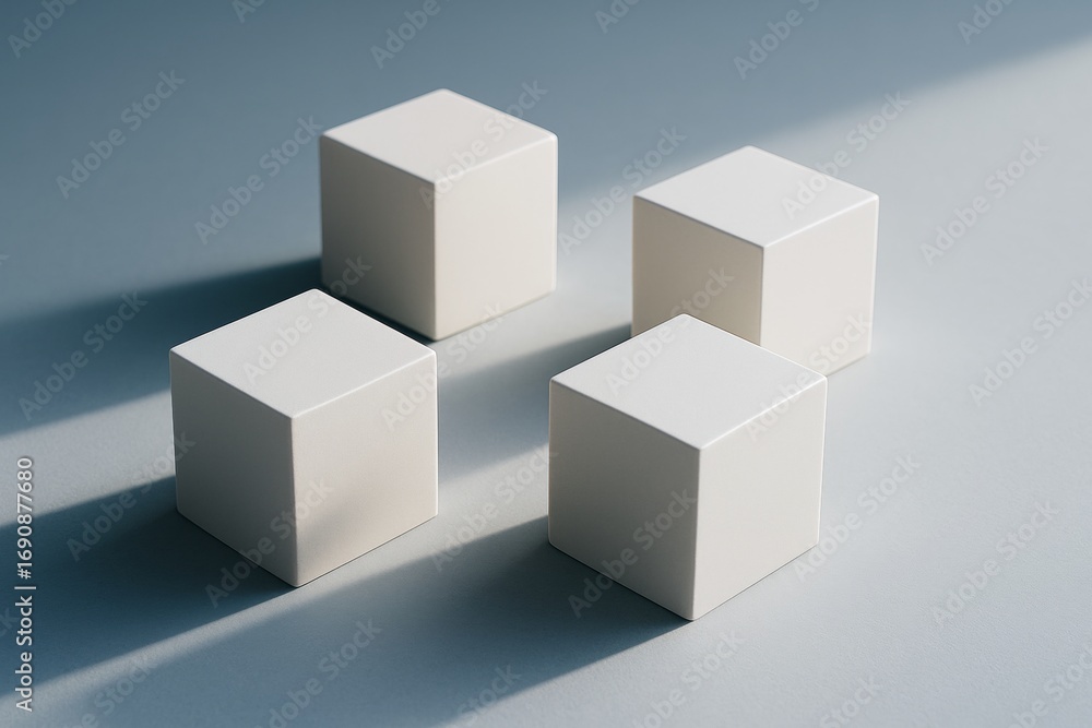 Poster minimalistic abstract composition with four white cubes casting shadows on a soft blue background in