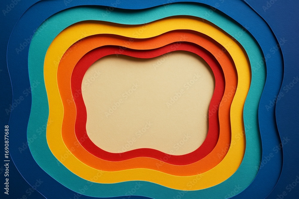 Poster abstract colorful layered paper cutout background with empty central copyspace for design, poster, b