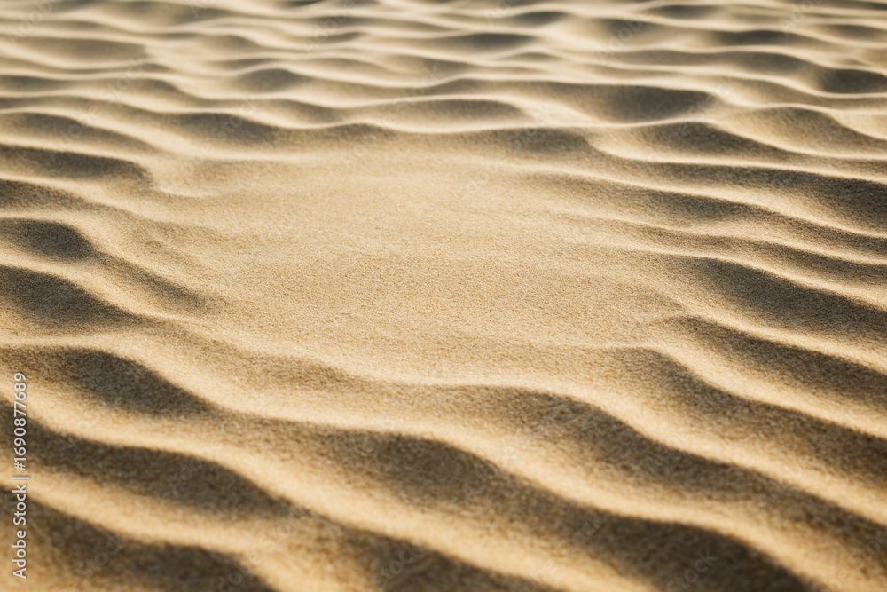 Poster close-up of textured sand dunes with soft ripples and shadows under warm sunlight, ideal as a natura